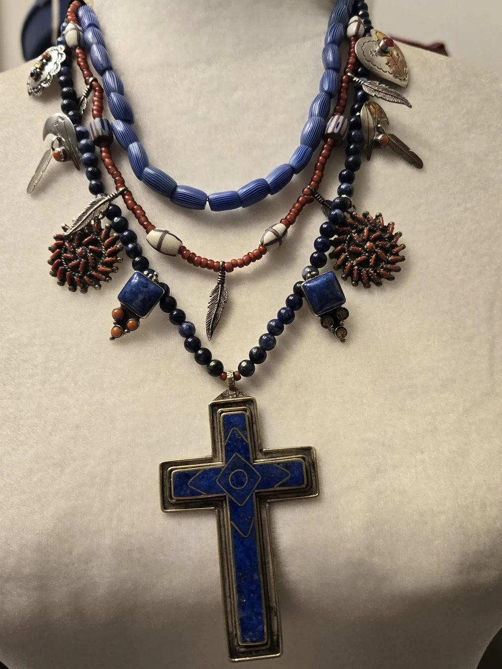 Vintage 925 Tasco Layered Blue & Coral Beaded Cross Necklace - Unbranded